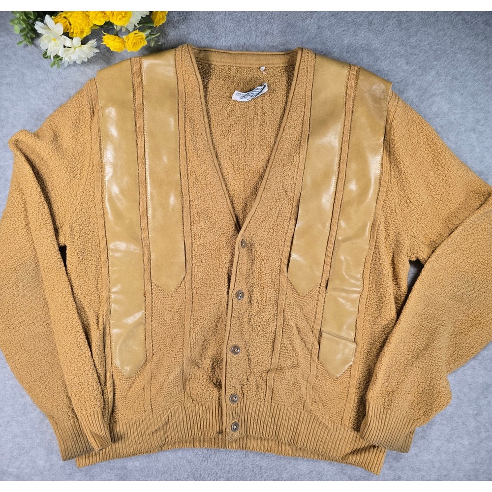 Vintage 70s Orlon Acrylic Cardigan Sweater Mustard Yellow Faux Leather Trim L